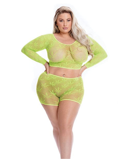 Rene Rofe Two Piece Outfit Green / One Size Fits Most (Queen) Pink Lipstick 'Leaf It To Me' Long Sleeve Crop Top & Short by Rene Rofe at the Haus of Shag