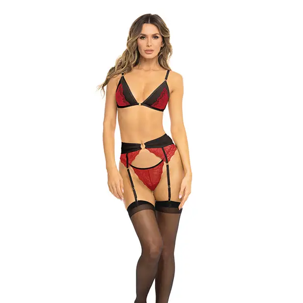 Rene Rofe Underneath It All Bra Garter Belt & G-string - Red / Small/Medium - Lingerie Set