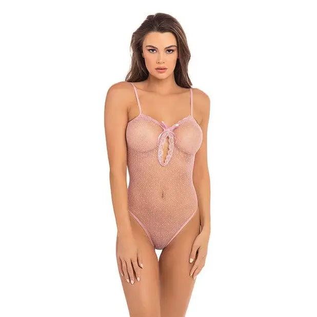 Pink lace ’Rene Rofe Undone’ bodysuit with spaghetti straps and bow detail at the bust