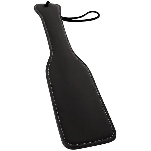 Renegade Vinyl Bondage Paddle: Black leather paddle with loop handle and white stitching