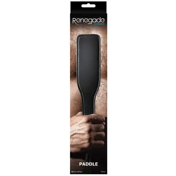 Renegade Vinyl Bondage Paddle in retail packaging with black leather finish