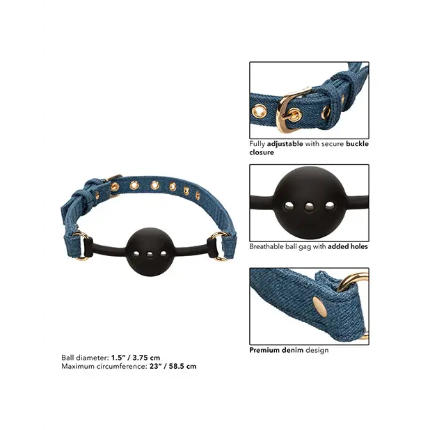 Blue denim dog collar with gold hardware from the Ride ’em Premium Denim Collection Ball Gag