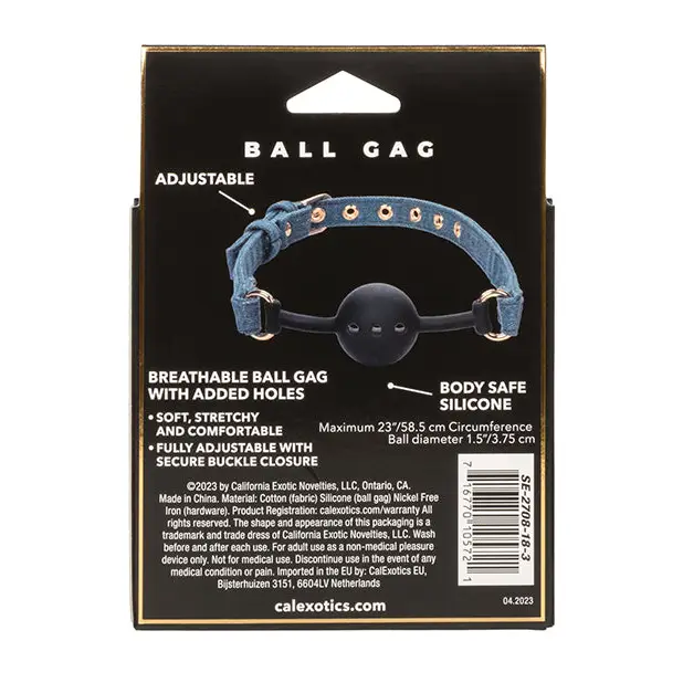 Adjustable ball gag from the Ride ’em Premium Denim Collection; ideal accessory for the dog