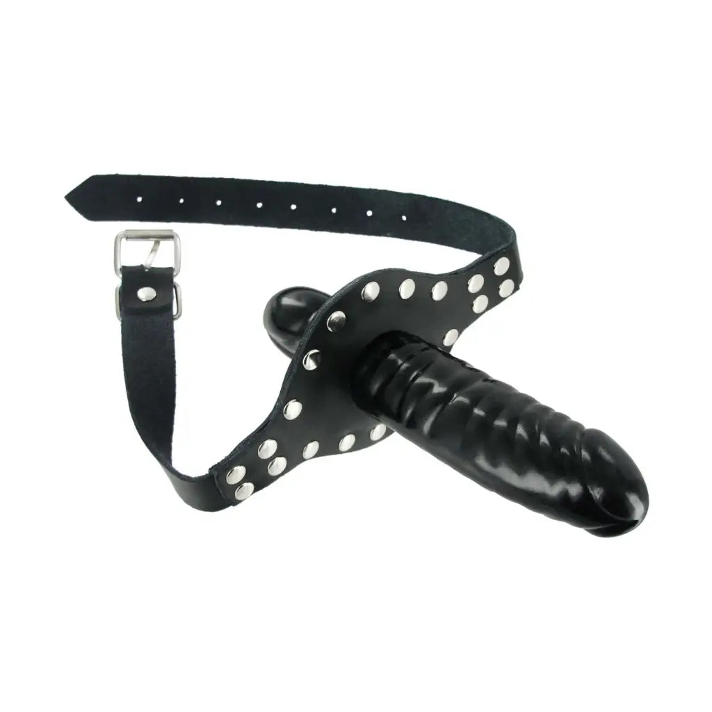 A black leather whip with a metal handle displayed beside the Ride Me Mouth Gag product