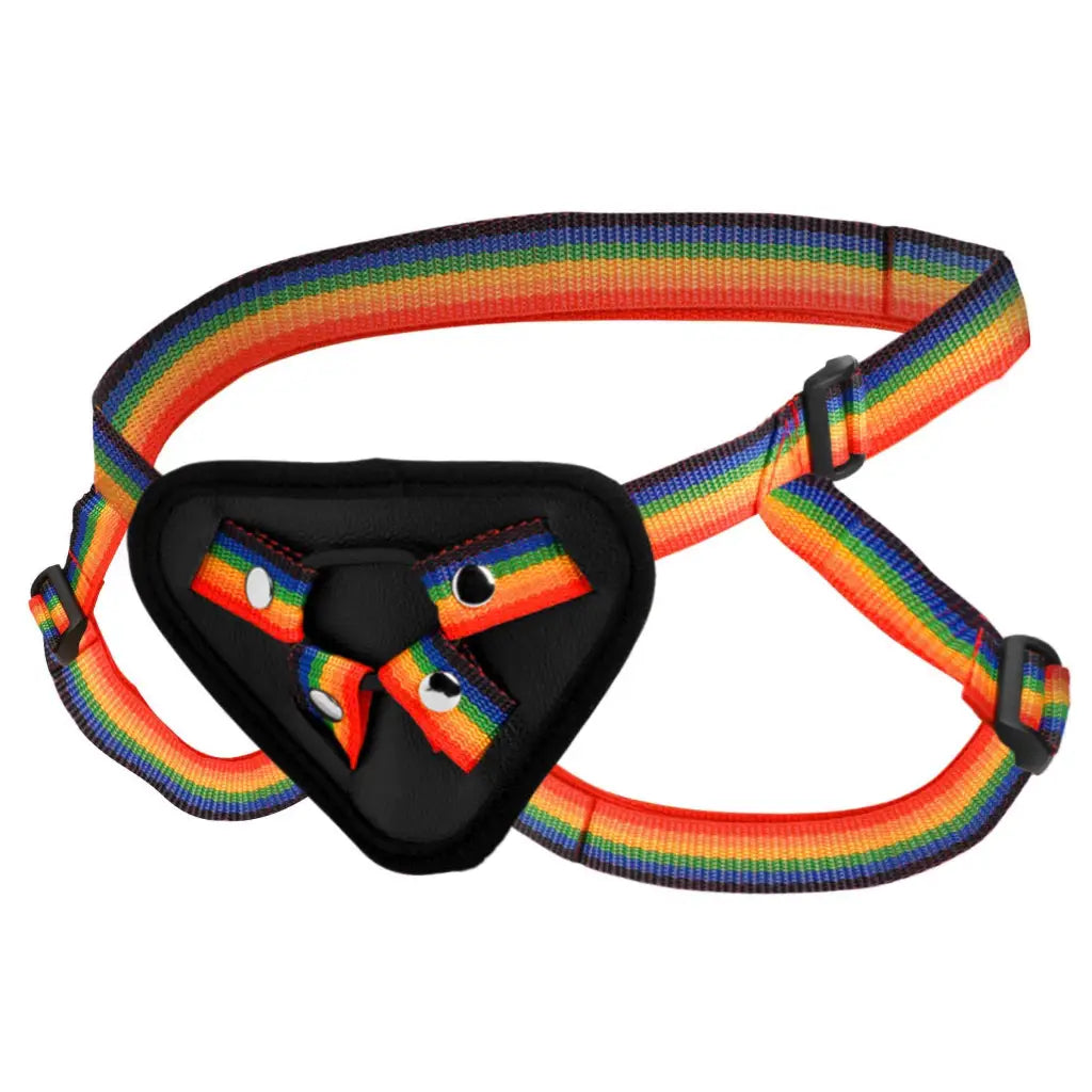 Rainbow universal strap-on harness with faux leather front for strapon dildos