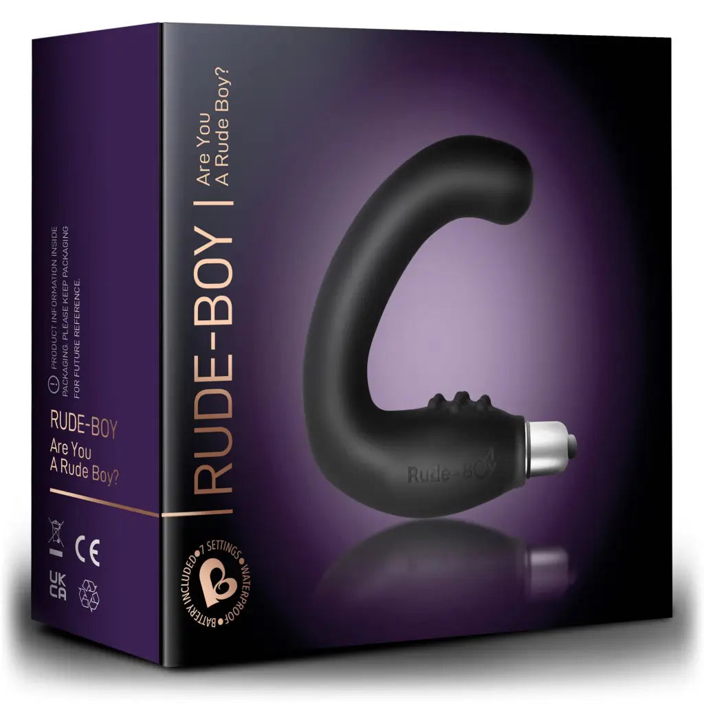 Rocks Off Rude Boy- Black curved silicone sex toy with a sleek metallic base