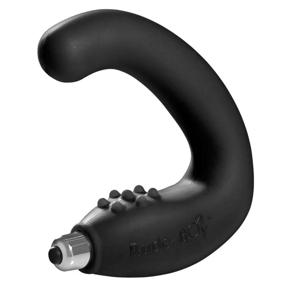 Curved black silicone sex toy with ridges and metallic tip - Rocks Off Rude Boy Black