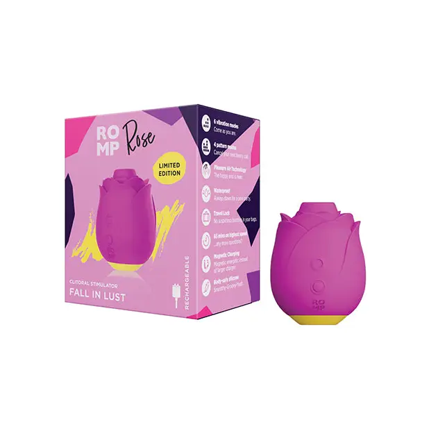 Rose-shaped pink silicone clitoral stimulator with ROMP Rose Pleasure Air patterns and packaging