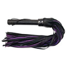 Rouge flogger with leather handle and black purple tails for BDSM enthusiasts