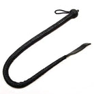 Rouge Leather Devil Tail Whip: Black leather whip with braided handle and flexible lash