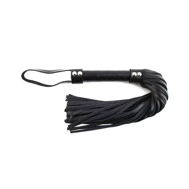 Rouge Short Leather Flogger: Black leather flogger with multiple tails and a sturdy handle