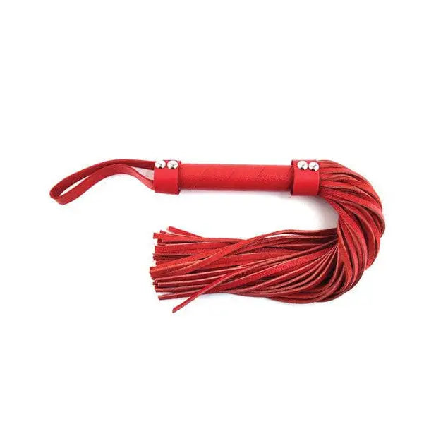 Rouge Short Leather Flogger: Red leather flogger with multiple tails and wrapped handle