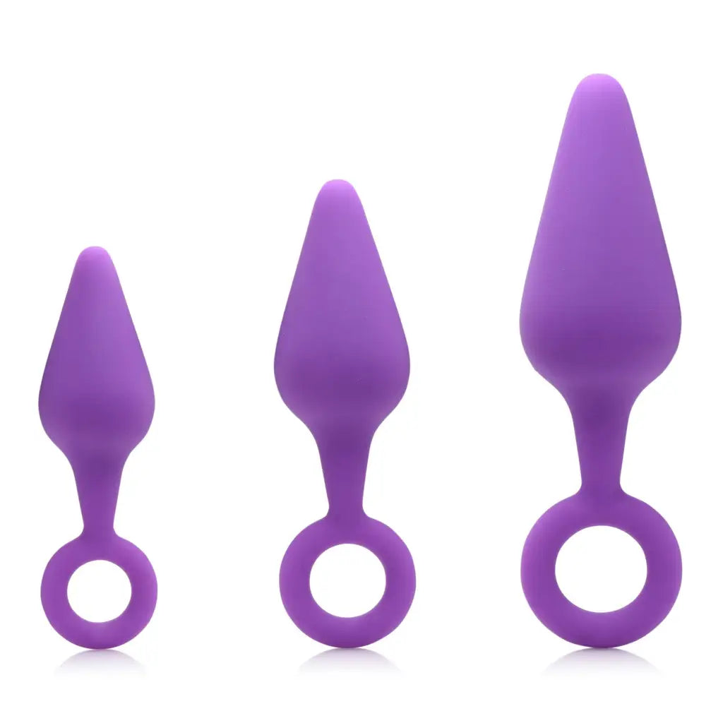 Rump Ringers 3 Piece Silicone Anal Plug Set with ring handles in purple