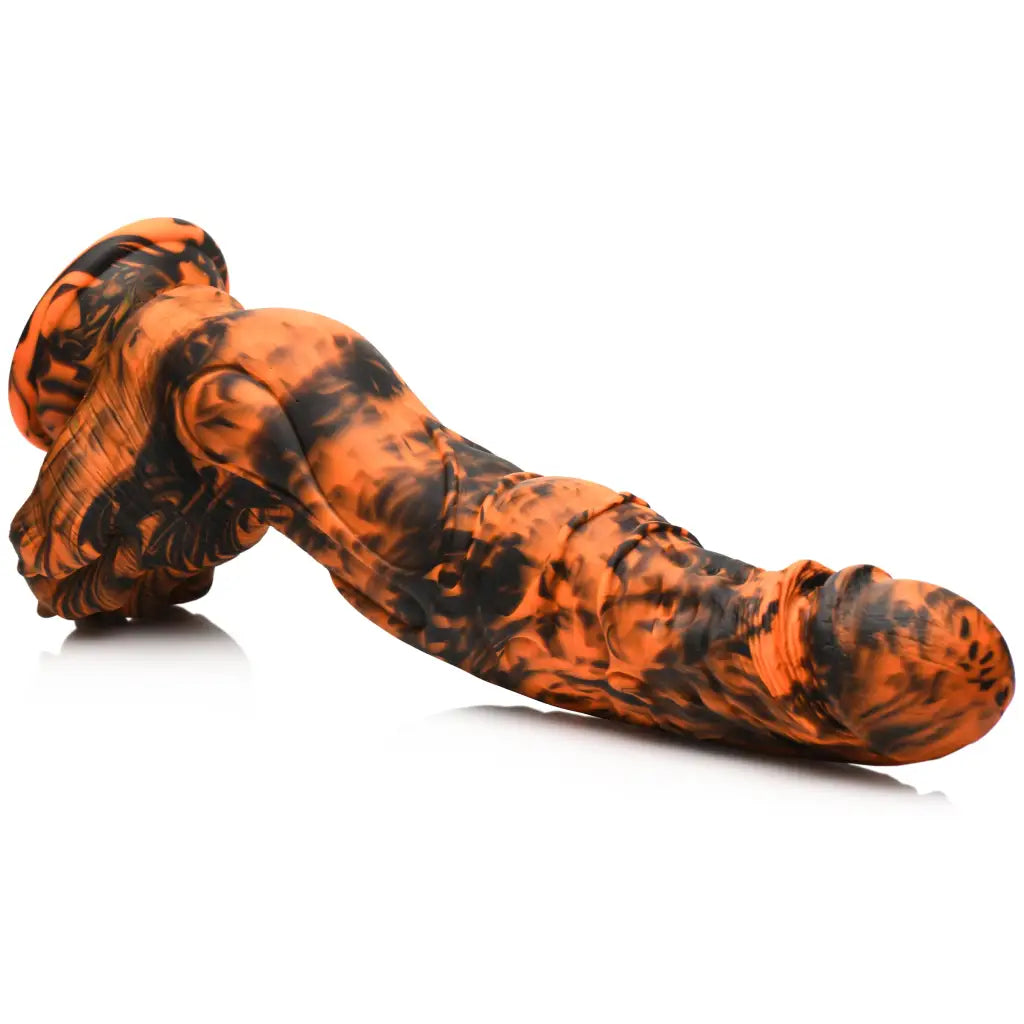 Sabretooth Silicone Dildo - Orange & black marbled sex toy with suction cup base