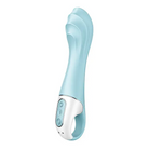 Close-up of Satisfyer Air Pump Vibrator 5+, a blue and white electric pump vibrator