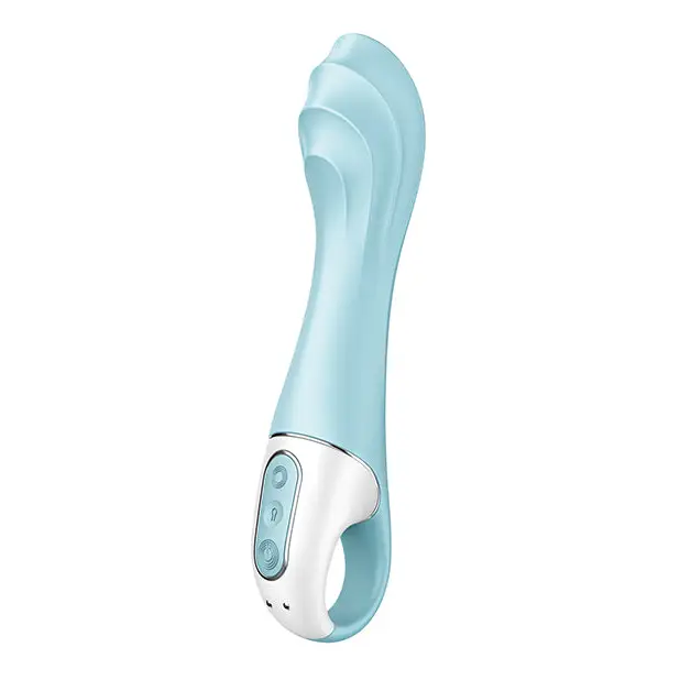 Close-up of Satisfyer Air Pump Vibrator 5+, a blue and white electric pump vibrator