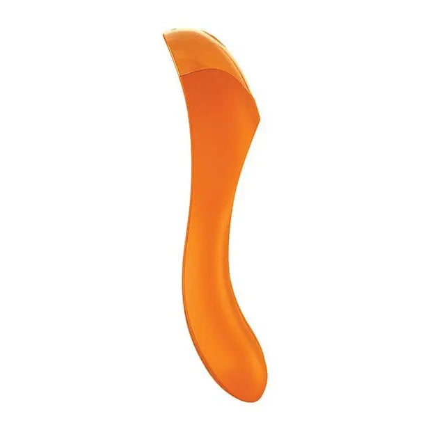 Orange plastic spoon with curved handle next to Satisfyer Candy Cane Dual Motor Finger Vibrator