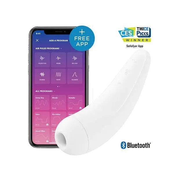 Satisfyer Curvy 2+ Air Clitoral Stimulator + Vibrator with App Control and white phone