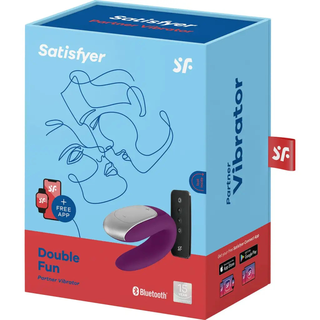 Purple and silver Satisfyer Double Fun vibrator with remote in blue and red packaging