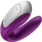 Purple and white Satisfyer Double Fun massager with a curved shape for intimate pleasure