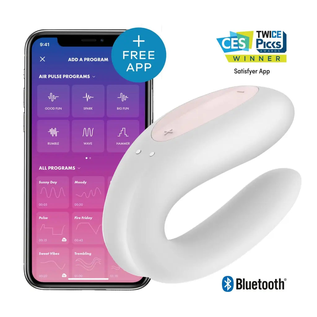 Satisfyer Double Joy with App next to smartphone showing control app; C-shaped, pink accent