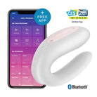 Satisfyer Double Joy with App next to smartphone showing control app; C-shaped, pink accent