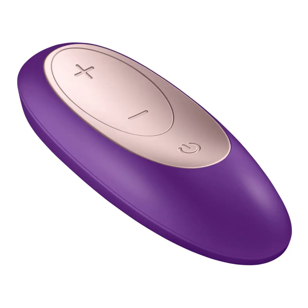 Satisfyer Double Plus Remote Partner Vibrator in grade silicone, purple and rose gold design