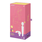 Satisfyer Double Wand and baby bottle warmer in packaging, featuring two interchangeable heads