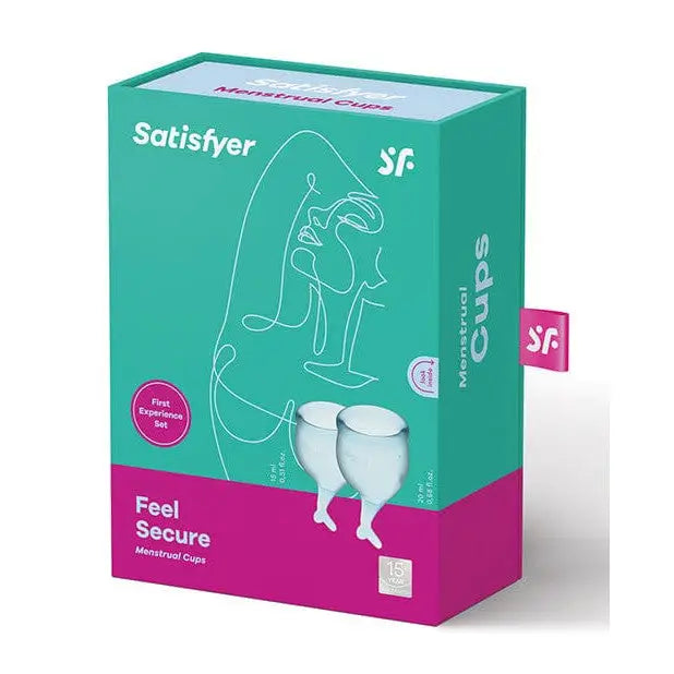 Close up of a Satisfyer Feel Secure Menstrual Cup box with a woman on the packaging