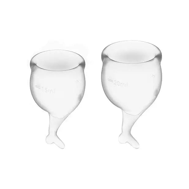 Two empty wine glasses on white, Satisfyer Feel Secure Menstrual Cup in background