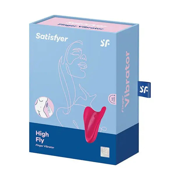 Satisfyer High Fly Finger Vibrator box with pink and blue design sanitary products