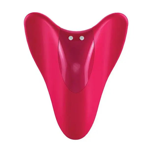 Red plastic mouth with Satisfyer High Fly Finger Vibrator on a white background