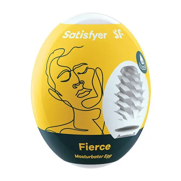 Yellow and white Satisfyer Masturbator Egg Fierce with artistic line drawing and branding