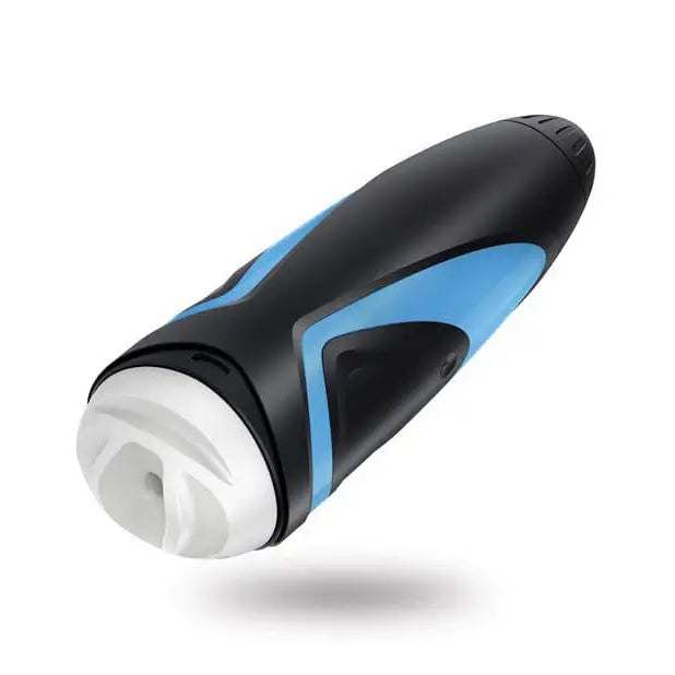 Close-up of Satisfyer Men One electric shaver with black and blue design on white background