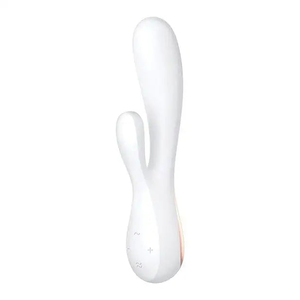 Satisfyer Mono Flex: Sleek white device with control buttons and curved design for effective use