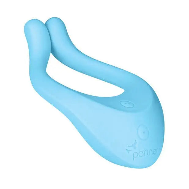 Close up of Satisfyer Partner Multifun 1 - blue plastic object on white background