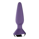 Close up of Satisfyer Plug-ilicious 1, featuring a purple dille with a black handle for pleasure