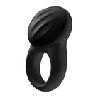 Close-up of Satisfyer Signet Vibrating Cock Ring with black silicon ring and large plastic ball