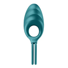 Side view of blue plastic funnel from Satisfyer Swordsman product