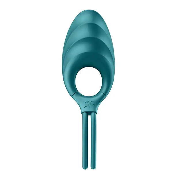 Side view of blue plastic funnel from Satisfyer Swordsman product