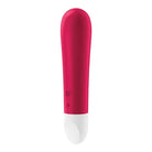 Close-up of pink and white Satisfyer Ultra Power Bullet 1 brush with a white handle