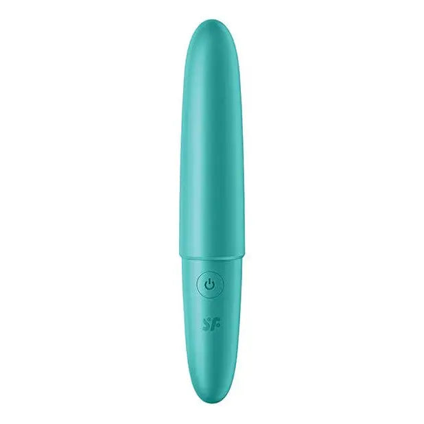 Close-up of the Satisfyer Ultra Power Bullet 6, a blue electric device on a white background