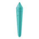 Close-up of Satisfyer Ultra Power Bullet 8, a blue plastic object on white background