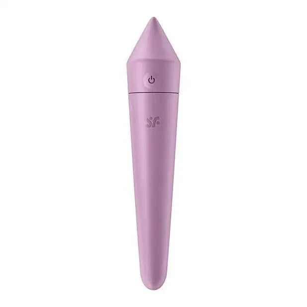 Close-up of the Satisfyer Ultra Power Bullet 8 purple microphone on white background