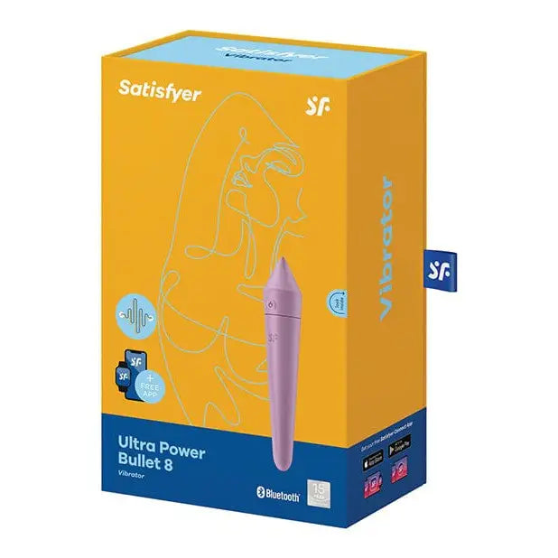 Close up of Satisfyer Ultra Power Bullet 8 pink pen box with yellow background