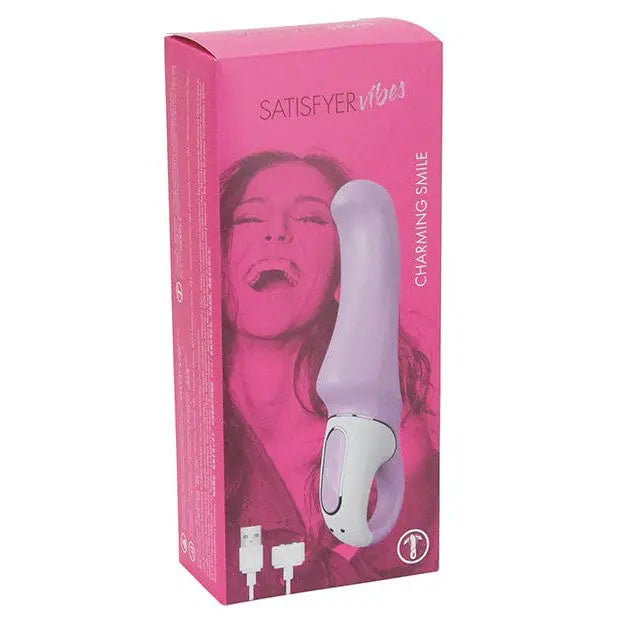 Satisfyer Vibes Charming Smile Lilac showcasing pink and white Saa Saa massager