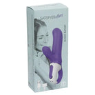 Arafed woman with Satisfyer Vibes Magic Bunny - Blue holding device in front of its box