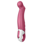 Close up of Satisfyer Vibes Petting Hippo - Fuchsia, pink and white device with handle