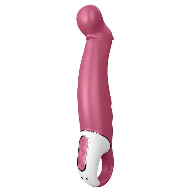 Close up of Satisfyer Vibes Petting Hippo - Fuchsia, pink and white device with handle