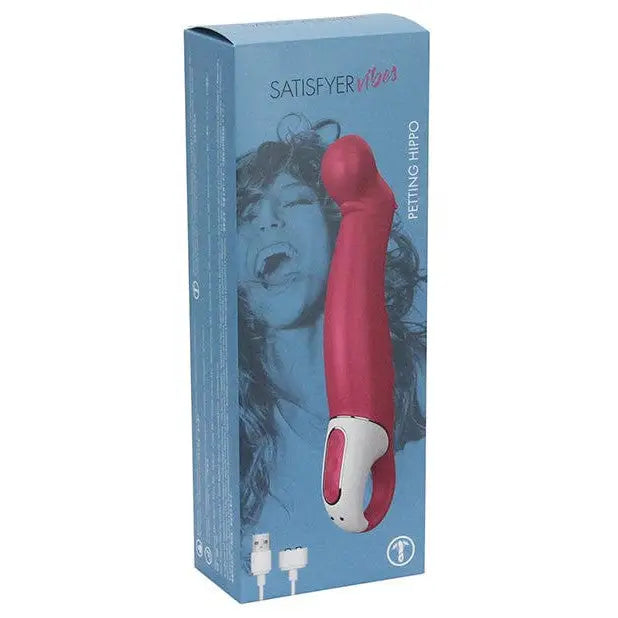 Close-up of Satisfyer Vibes Petting Hippo box showcasing the red and white device inside